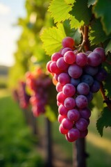 Wall Mural - Sun-drenched bunches of ripe winemaker grapes hanging heavy on the vine, ready for harvest Vibrant color and lush foliage showcase the bounty of the vineyard , food, rural