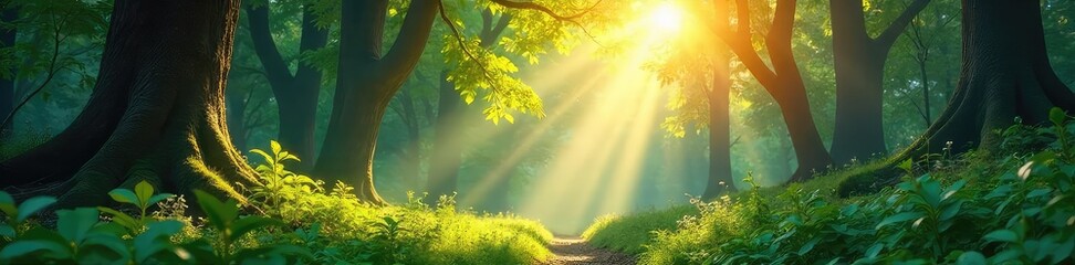 Wall Mural - sunlight dappling through the leaves of a lush woodland forest, creating a magical atmosphere perfec