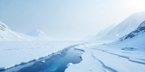 Wall Mural - A stark, icy landscape stretches to the horizon, a breathtaking view of a frozen wilderness under a pale winter sky  Perfect for concepts of isolation, coldness, and winter themes ,  cold,  still