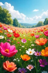 Wall Mural - a vibrant field overflowing with a profusion of colorful flowers in full bloom, creating a stunning 