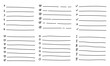 © Hannet - Hand-drawn doodle bullet list set with sketch bullets, checkboxes, numbers, arrows, lines, and dividers. Black outline, vector illustration. For planners, bullet journals, notes, infographics.