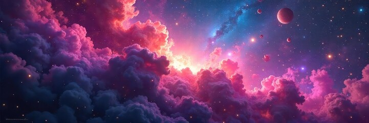 Wall Mural - Vibrant nebulae paint the cosmos with swirling hues of pink, purple, blue, and gold Celestial bodies glow with intense color, creating a breathtaking spectacle of interstellar beauty , space, cosmos