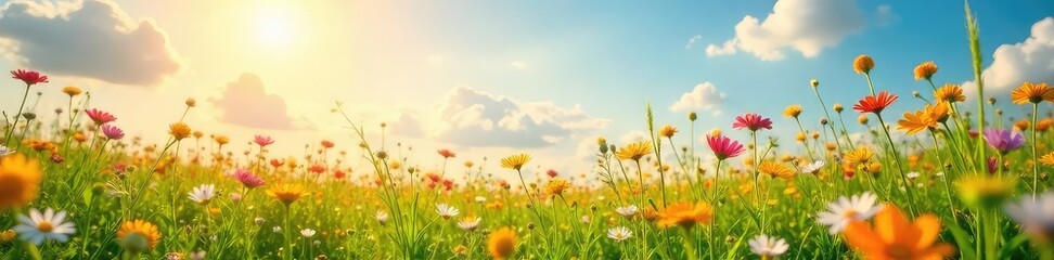 Wall Mural - Vibrant sunlit meadow bursting with wildflowers, perfect for spring or summer themes Ideal for websites, blogs, and presentations needing a cheerful, bright background , bright, spring