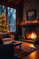 Wall Mural - warm, inviting glow of a fireplace casting a comforting ambiance on a cozy living room perfect for h