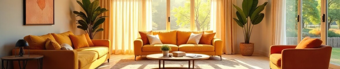 Wall Mural - warm sunlight streams into a bright, welcoming space, highlighting inviting furniture and decor, cre