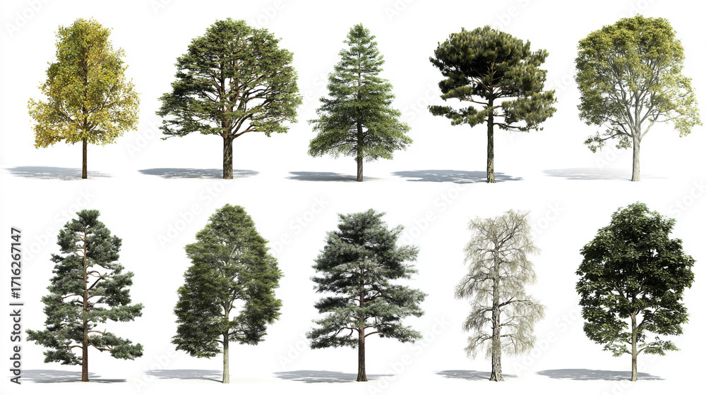 Bright Tree Types Collection of various tree types isolated on white background showing ...