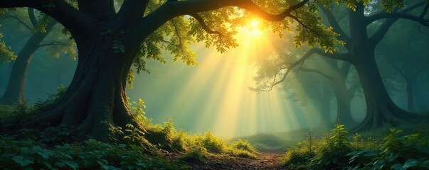 Wall Mural - a tranquil forest scene at dawn, mist clinging to the ancient trees, sunlight filtering through the 