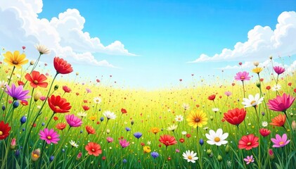 Wall Mural - A vibrant, abstract field of wildflowers in full bloom under a clear blue sky Perfect for nature, spring, summer, or environmental themes Ideal for websites, blogs, and publications , bloom, sunshine