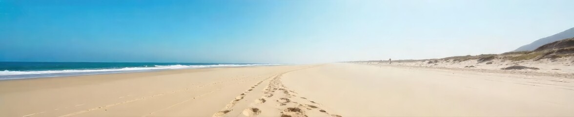 Wall Mural - vast expanse of empty beach at low tide, smooth sand stretches to the horizon under a clear sky, unt