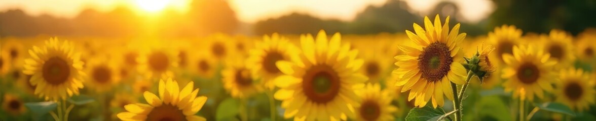 Wall Mural - vibrant sunflowers bask in golden sunlight, their faces turned towards the sun in a field of green a