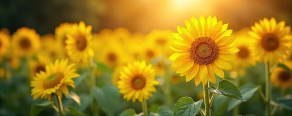 Wall Mural - Vibrant sunflowers bask in the golden sunlight of a lush garden, petals unfurling in a breathtaking display of summer's beauty Perfect for nature, summer, and gardening themes , eco, field