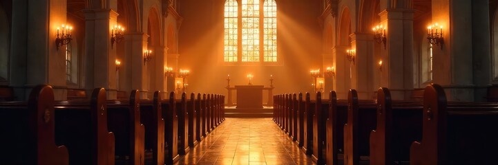 Wall Mural - warm candlelight illuminates a serene church interior, casting soft shadows on the pews and altar pe