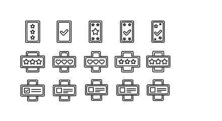 Hand-drawn icons representing ratings feedback and content quality with stars and checkmarks vector