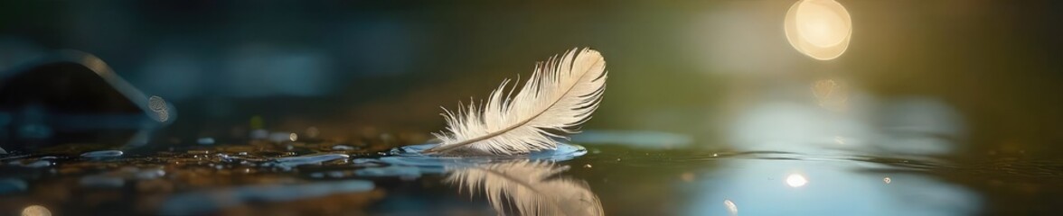 Wall Mural - a single, delicate feather floats gently on a rippling stream, sunlight catching its intricate barbs
