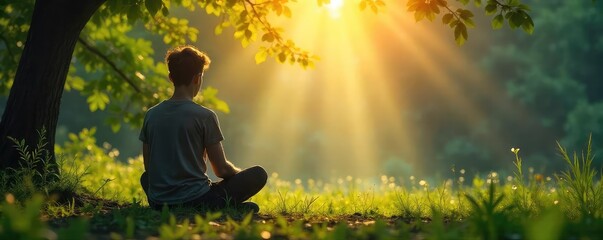 Wall Mural - a solitary figure sits cross-legged, gazing pensively at a tranquil scene, lost in deep thought and 