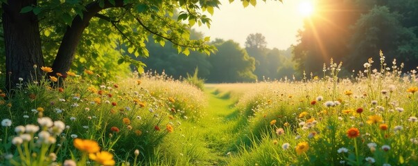 Wall Mural - A sun-drenched old meadow, wildflowers in full bloom, tall grasses swaying gently in the breeze, a tranquil and idyllic summer scene Overgrown, rustic charm, peaceful landscape , sun, environment