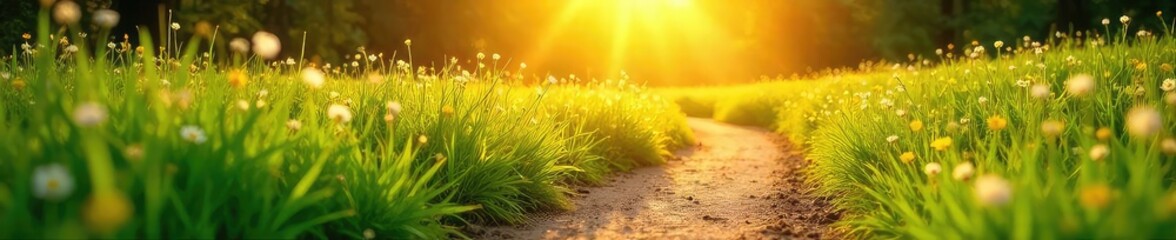 Wall Mural - A sun-drenched path winds through a vibrant, green meadow, bathed in the golden light of a bright, sunny day The scene evokes a sense of carefree adventure and natural beauty , path, wanderlust