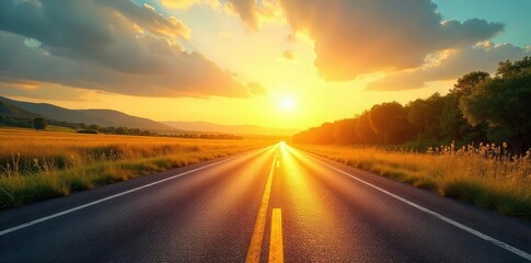Wall Mural - A sun-drenched asphalt roadway stretches into the distance, bathed in warm golden light The scene is peaceful and evokes a feeling of summer travel and open road freedom , way, tires