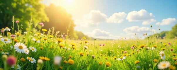 Wall Mural - A sunlit meadow bursting with wildflowers, gently swaying in the breeze, symbolizes hope and new beginnings, a vibrant and optimistic scene of nature's resilience , blue, beauty, hope