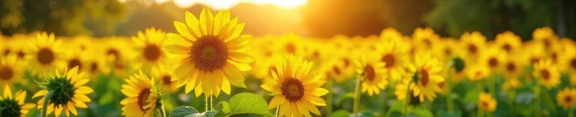 Wall Mural - A vibrant field of sunflowers swaying gently in the breeze, bathed in golden sunlight, creating a picturesque park scene Perfect for summer, nature, and happy themes , garden, aesthetic, outdoor