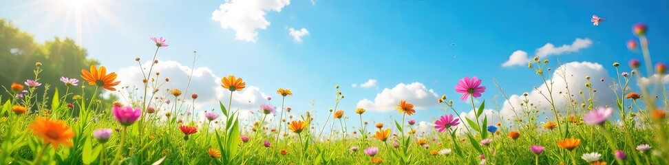 Wall Mural - A vibrant meadow bursting with wildflowers under a bright spring sky, gentle breeze rustling through the tall grass Perfect for themes of freedom, joy, and renewal , day, flora