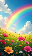 Wall Mural - a vibrant rainbow arches over a sun-drenched field of wildflowers, embodying universal joy and conte