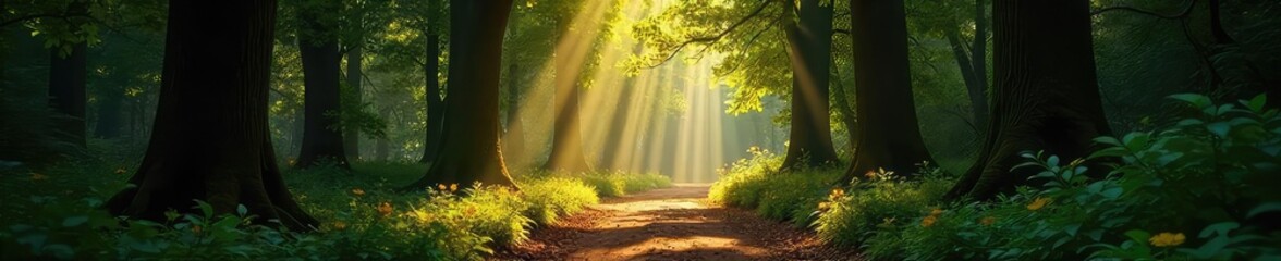 Wall Mural - sun-dappled forest path winding through ancient trees, sunlight filtering through leaves, creating a
