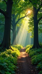 Wall Mural - sun-dappled forest path winding through ancient trees, sunlight filtering through leaves, creating a