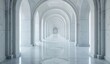 © Hajrah - A long, perspective hallway with numerous arches and columns, all in a pale marble-like material, creates a sense of depth and grandeur.  The floor is highly reflective, mirroring the architecture