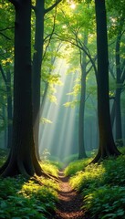 Wall Mural - sunlight dappling through the canopy of a majestic beech forest, illuminating the smooth grey trunks