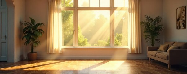 Wall Mural - sunlight streams through a large window illuminating dust motes dancing in the air of a bright, spac