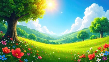 Wall Mural - vibrant summer colors explode in a sun-drenched landscape; lush greens, bright blues, and sunny yell