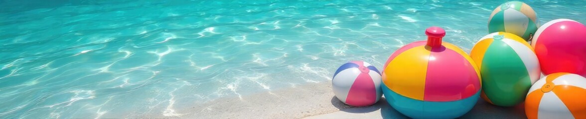 Wall Mural - vibrant summer scene featuring a colorful inflatable pump and beach balls, ready for fun in the sun 