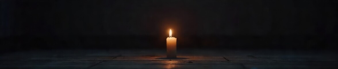 Wall Mural - a single candle flickers, casting a warm glow on a dark, empty room, symbolizing the quiet solitude 