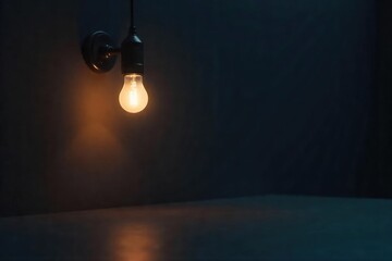 Wall Mural - A single, elegant light bulb illuminates a dark room, casting a soft glow The simplicity of the scene emphasizes the idea of a lightweight, efficient solution , light source, breakthrough