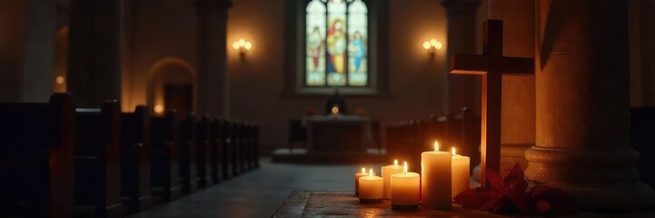 Wall Mural - A somber, dimly lit church interior; candles flicker, casting soft light on a simple wooden cross, evoking peace and quiet reflection during a time of remembrance , church, grief, remembrance