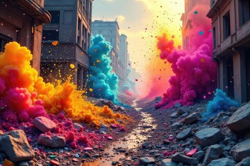 Wall Mural - a vibrant explosion of color, depicting destruction and chaos shattered paint, vibrant hues clashing