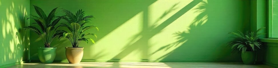 Wall Mural - sun-dappled leaves create a vibrant, green interior scene, casting dappled light and shadow on the w