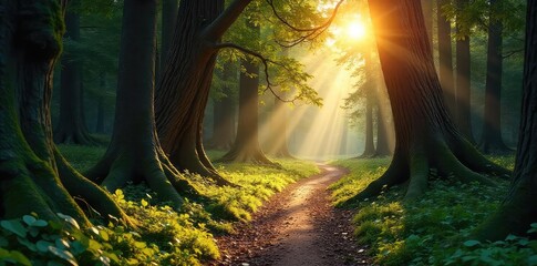 Wall Mural - sun-dappled path winding through a dense, ancient bark forest sunlight filters through the thick can