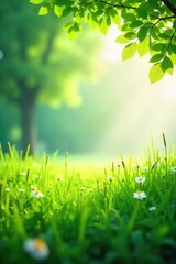Wall Mural - Sunlight dapples a vibrant green meadow, slender branches reaching skyward, creating a tranquil and idyllic scene Perfect for nature, spring, or environmental themes , flora, wildlife, growth