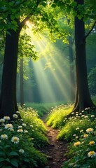 Poster - Sunlight dapples the forest floor, illuminating lush green foliage and dappled shadows A tranquil summer scene, perfect for nature lovers Wildflowers bloom amongst ancient trees , sunlight, growth