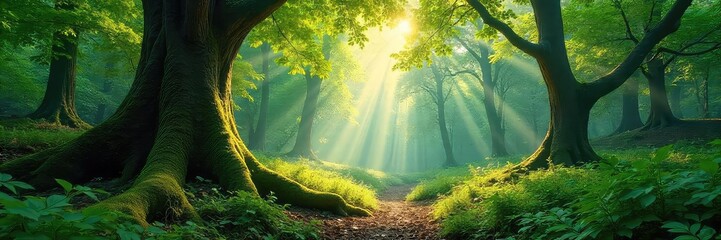 Wall Mural - sunlight dapples through the canopy of a lush, ancient forest, illuminating the vibrant green underg