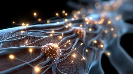 A close-up view of neurons in the brain, showcasing the intricate web of connections and glowing synapses that facilitate communication within the nervous system.