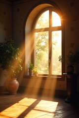 Wall Mural - sunlight streams through a large window, illuminating dust motes dancing in the golden light a soft,