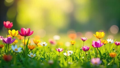 Wall Mural - Vibrant spring landscape featuring blooming wildflowers in a lush green meadow bathed in warm sunlight, perfect for springtime themes , countryside, sunlight, blossom