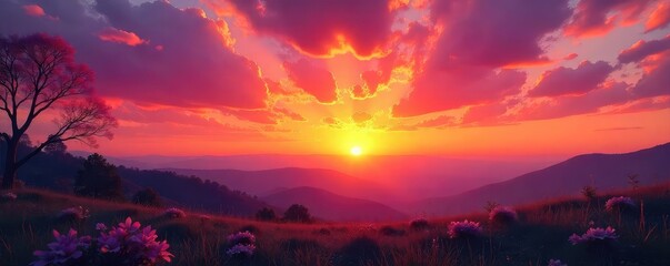 Wall Mural - vibrant sunset hues paint the sky with fiery oranges, soft pinks, and deep purples as the sun dips b