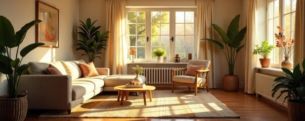 Wall Mural - warm, inviting interior space with sunlight streaming through a window, highlighting cozy furniture 