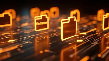 File Transfer Digital: A futuristic digital abstract illustration featuring glowing file folder icons against a backdrop of dynamic data streams and tech-inspired textures.