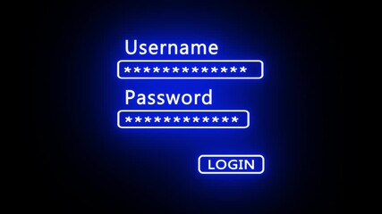 Glowing neon username and security password on computer screen. Login and digital safety concept.