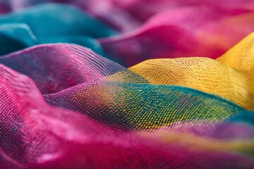 Close-up view of vibrant, multicolored, textured fabric with a net-like pattern, showcasing a dynamic interplay of hues and soft folds.